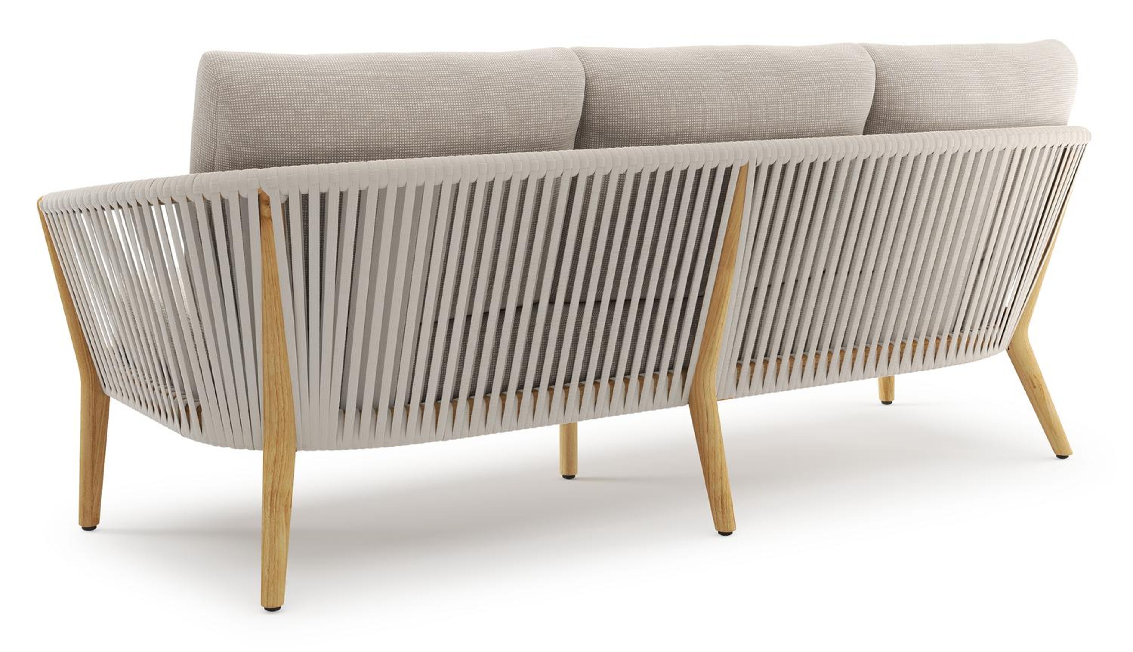 Orso loungebank in teak en beige verticaal geweven luxe vlakke rope met Slow Farafra all weather sunbrella® luxe kussen