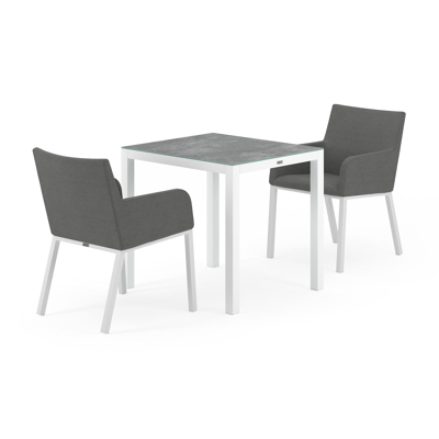 Ensemble de jardin Feltro en aluminium blanc avec plateau de table en céramique verre gris et 2 chaises de jardin Rivo
