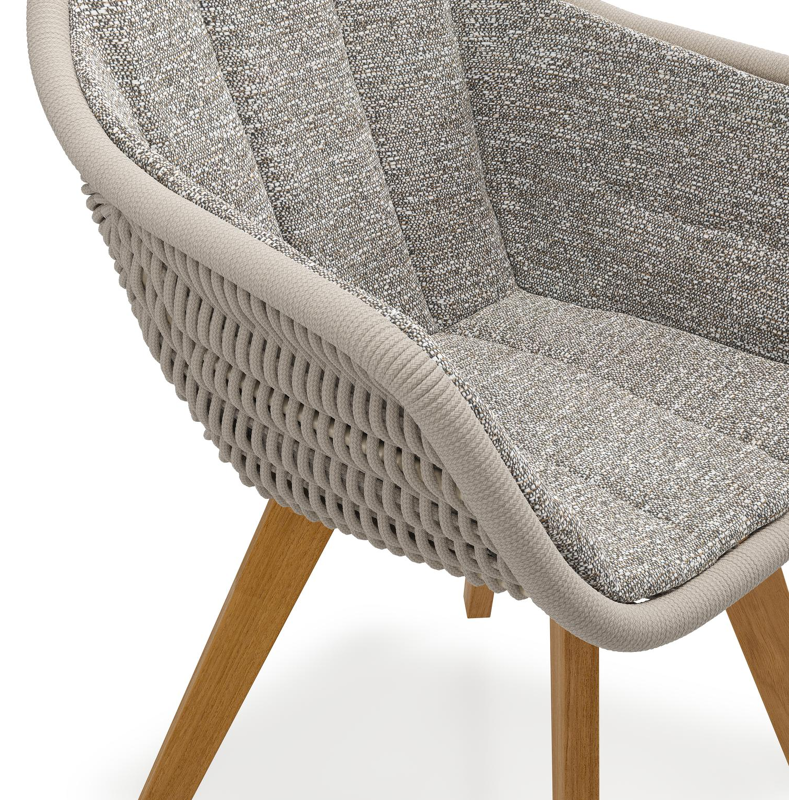 Pagino tuinstoel in teak en beige verticaal geweven ronde rope met zitkussen in All Weather Sunbrella® Luxe Tundra Pepper