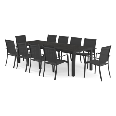 Varese tuinset in zwart aluminium en zwart volkeramiek tafelblad met 10 stapelbare Calobra tuinstoelen