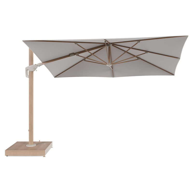 Minore zweefparasol met tiltfunctie in houtlook aluminium en Ego Eggshell All Weather Solica parasoldoek - L1 280 x L2 370 cm met parasolvoet Minore 260 kg met wielen