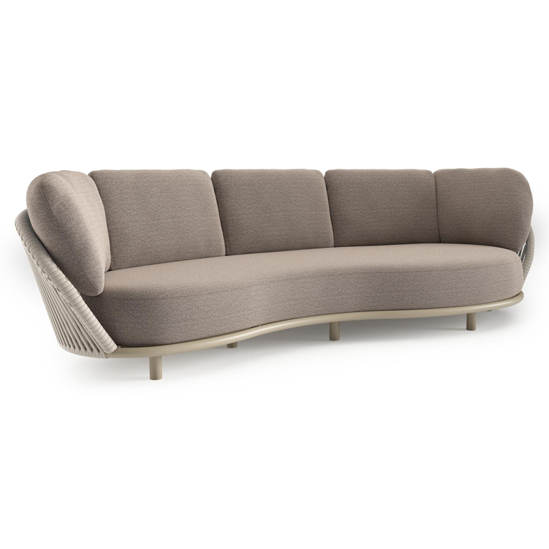 Lupino loungebank in beige aluminium en beige verticaal geweven luxe vlakke brede rope met wander manioc all weather sunbrella® luxe kussen