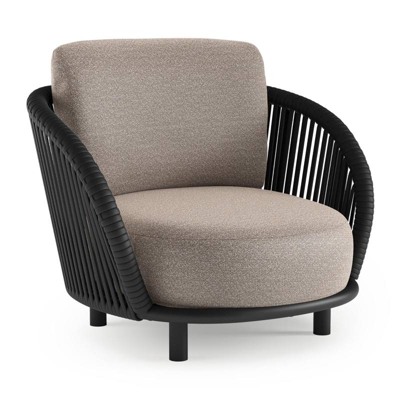 Lupino loungestoel in zwart aluminium en zwart verticaal geweven luxe vlakke brede rope met wander manioc all weather sunbrella® luxe kussen