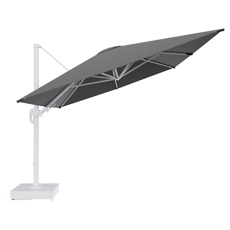 Rufina zweefparasol met tiltfunctie in wit aluminium en Firenze Tunder All Weather Solica parasoldoek - L1 400 x L2 300 cm met parasolvoet Minore 150 kg met wielen