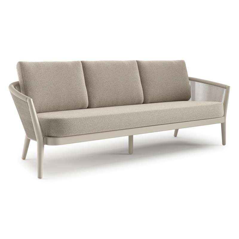 Orso loungebank in beige aluminium en beige verticaal geweven ronde rope met Catania Sand all weather cosytica kussen