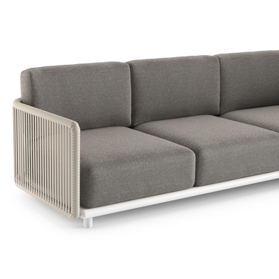 Canapé de jardin Organo en aluminium blanc et corde luxe plate tissée verticalement beige et coussin en all weather Sunbrella® luxe chartres drizzle