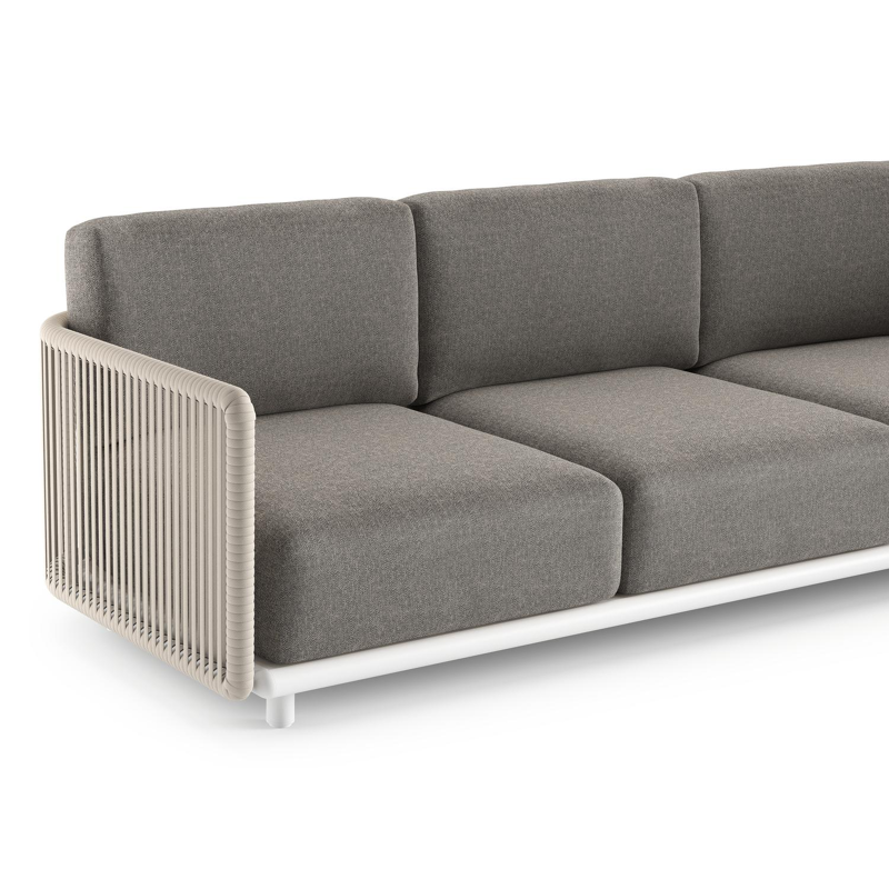 Canapé de jardin Organo en aluminium blanc et corde luxe plate tissée verticalement beige et coussin en all weather Sunbrella® luxe chartres drizzle