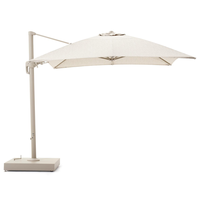 Rufina zweefparasol met tiltfunctie in beige aluminium en Sunbrella Luxe Tundra Sand parasoldoek met Minore beige parasolvoet 260 kg - L1 400 x L2 300 cm
