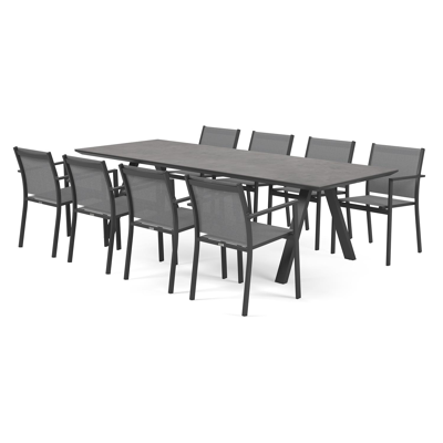 Puglia tuinset in zwart aluminium en grijs volkeramiek tafelblad met 8 stapelbare Bareto tuinstoelen