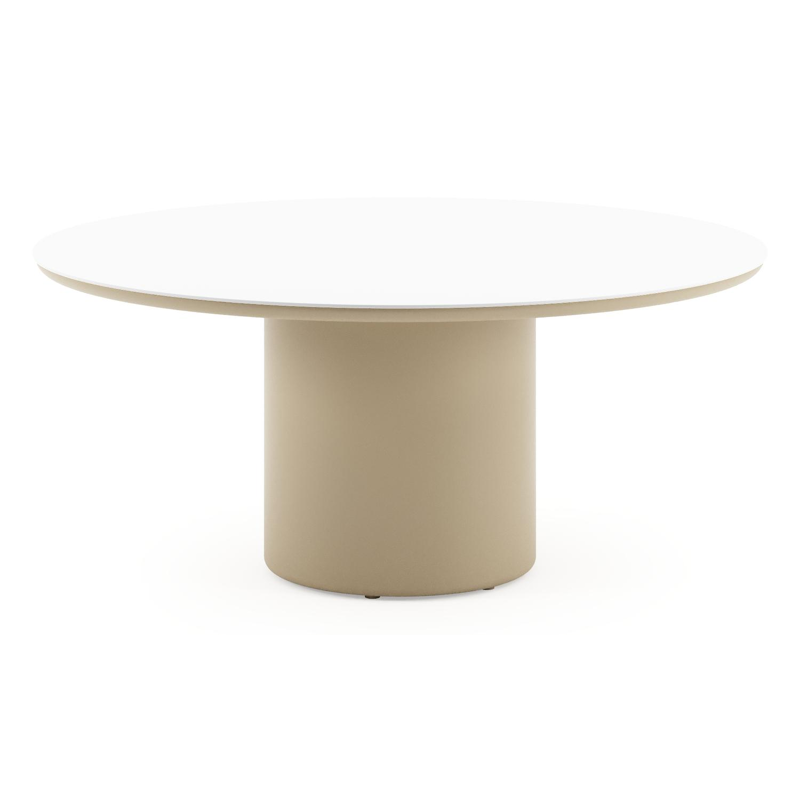 Amico low dining tuintafel rond in beige aluminium en volkeramiek Arctic White - Dia. 148 x H 61 cm