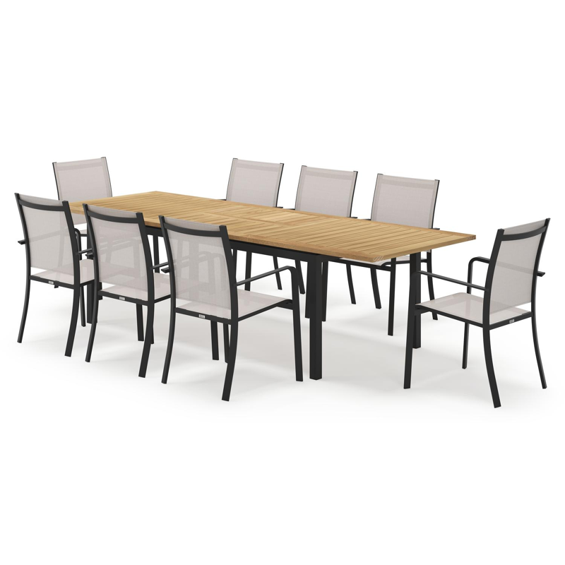 Amalfi rechthoekige uitschuifbare tuinset in zwart aluminium en teak naturel met 8 Calobra tuinstoelen