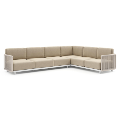 Organo loungehoek in wit aluminium en beige verticaal geweven luxe vlakke rope met althea camel all weather Cosytica kussen
