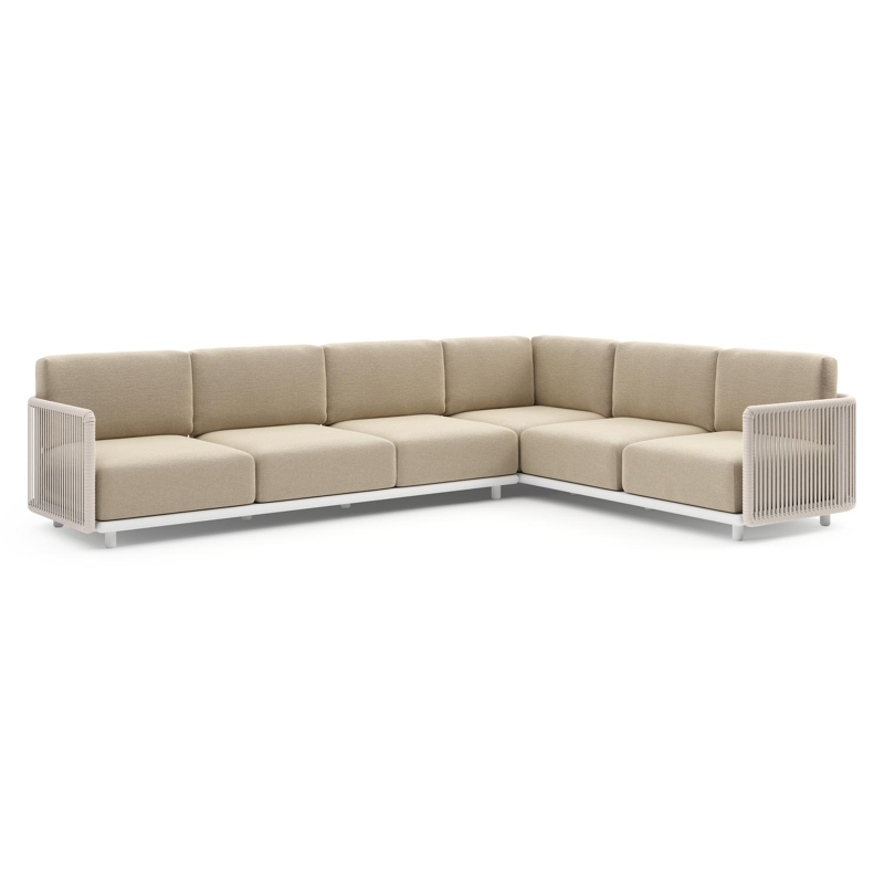 Organo loungehoek in wit aluminium en beige verticaal geweven luxe vlakke rope met althea camel all weather Cosytica kussen