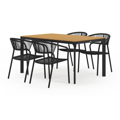 Fina tuinset in zwart aluminium en naturel polywood tafelblad met 4 stapelbare Vigo tuinstoelen