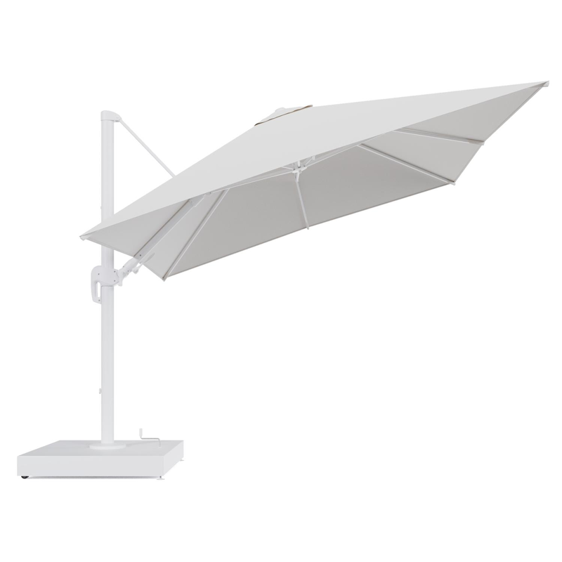 Rufina zweefparasol met tiltfunctie in wit aluminium en Soul Optik All Weather Solica parasoldoek - L1 300 x L2 300 cm met parasolvoet Minore 260 kg met wielen