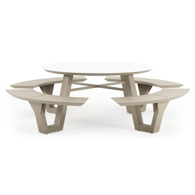 Rondino picknicktafel rond in beige aluminium en volkeramiek Arctic White - Dia. 148 x H 71.5 cm