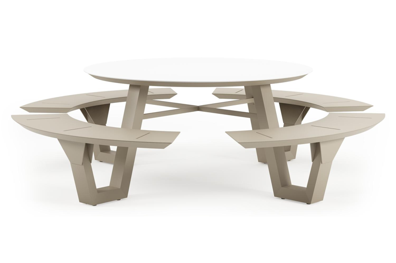 Rondino picknicktafel rond in beige aluminium en volkeramiek Arctic White - Dia. 148 x H 71.5 cm