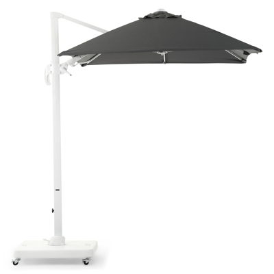 Avola zweefparasol met tiltfunctie in wit aluminium met grijs sunbrella® premium parasoldoek - L1 250 x L2 200 cm (met voet)
