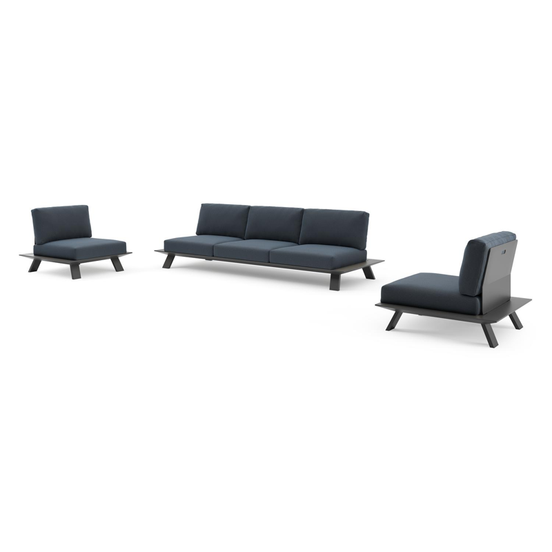 Cesano loungeset in zwart aluminium met heritage indigo all weather Sunbrella® luxe kussen