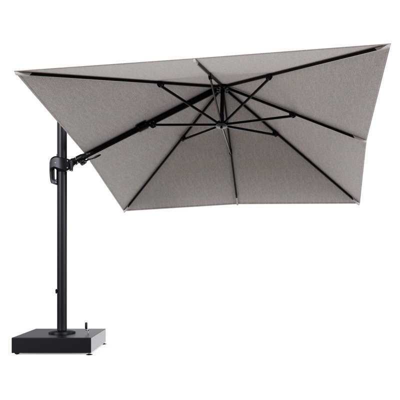 Rufina zweefparasol met tiltfunctie in zwart aluminium en Tundra Sand All Weather Sunbrella® Luxe parasoldoek - L1 300 x L2 300 cm met parasolvoet Minore 150 kg met wielen