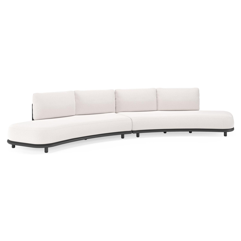 Canapé de jardin Lomano en aluminium noir et corde luxe plate tissée verticalement beige et coussins en all weather solica ego eggshell