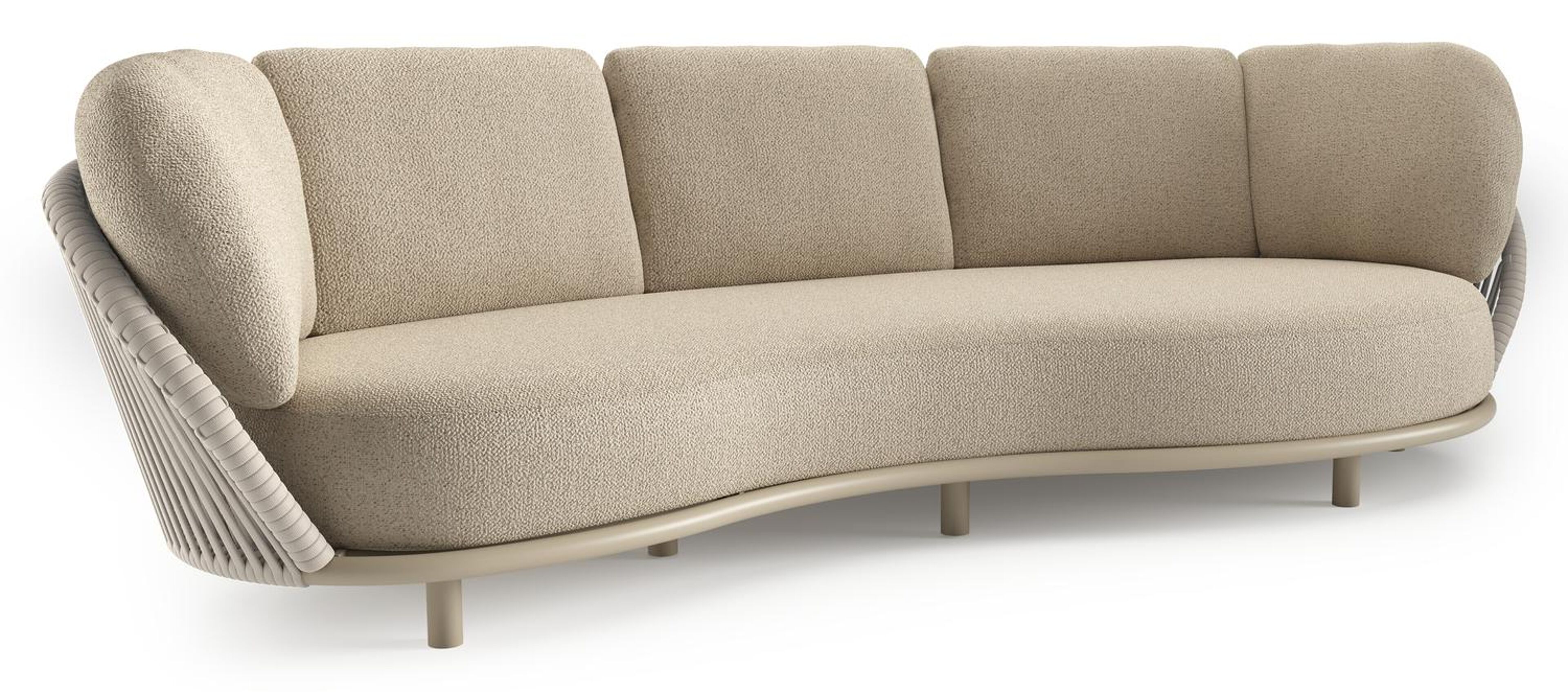 Lupino loungebank in beige aluminium en beige verticaal geweven luxe vlakke brede rope met bora forest all weather cosytica kussen