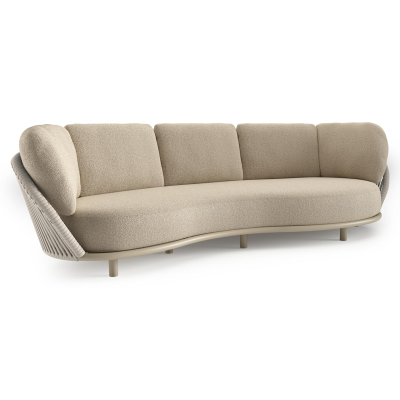 Lupino loungebank in beige aluminium en beige verticaal geweven luxe vlakke brede rope met bora forest all weather cosytica kussen