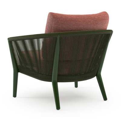 Orso loungestoel in groen aluminium en groen verticaal geweven ronde rope met Slow Alezan all weather sunbrella® luxe kussen