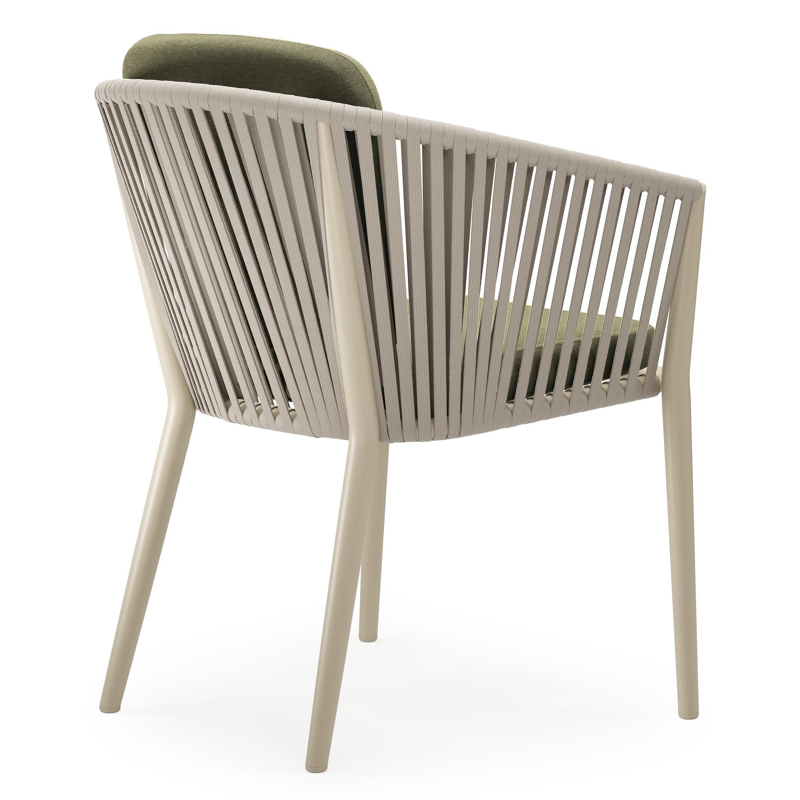 Chaise de jardin Orso en aluminium beige et corde plate tissée verticalement beige avec coussin en All Weather Sunbrella® Luxe Heritage Leaf