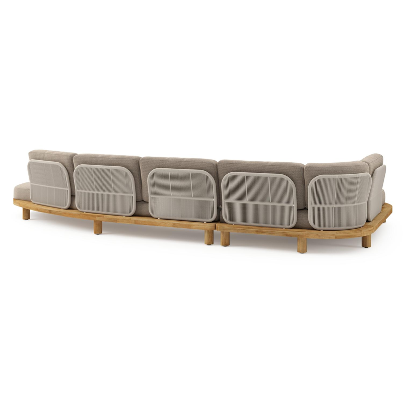 Salon de jardin d'angle Donato en teck et corde ronde tissée verticalement beige et coussins en all weather solica Firenze Earth