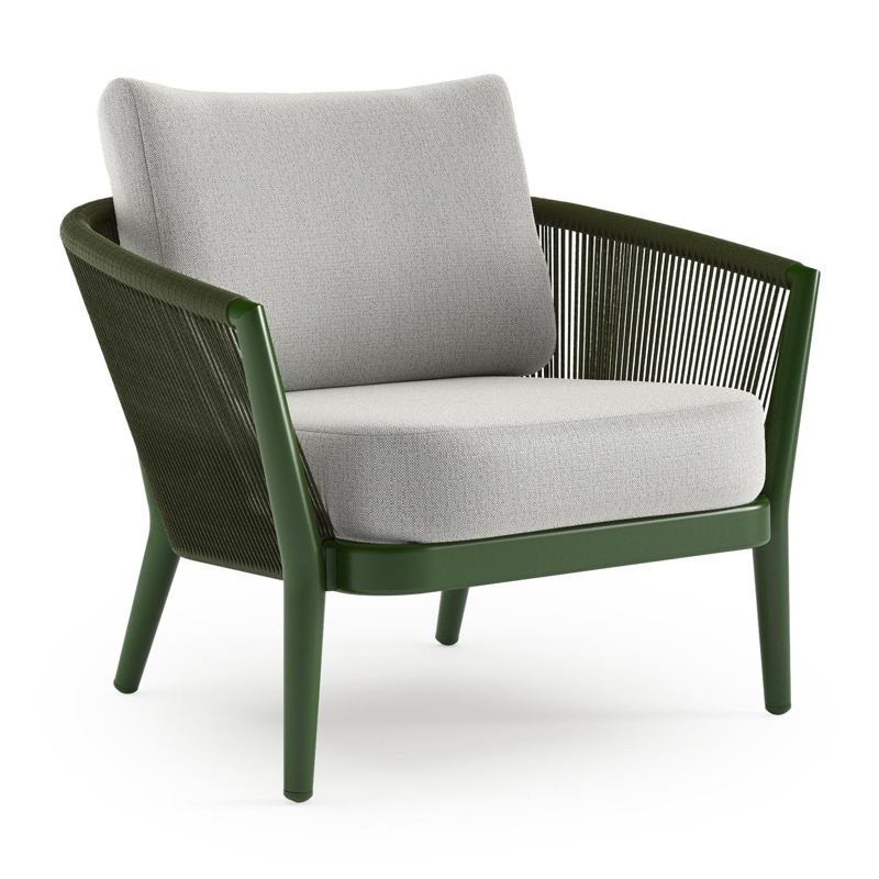 Orso loungestoel in groen aluminium en groen verticaal geweven ronde rope met Savane Nimbus all weather sunbrella® luxe kussen