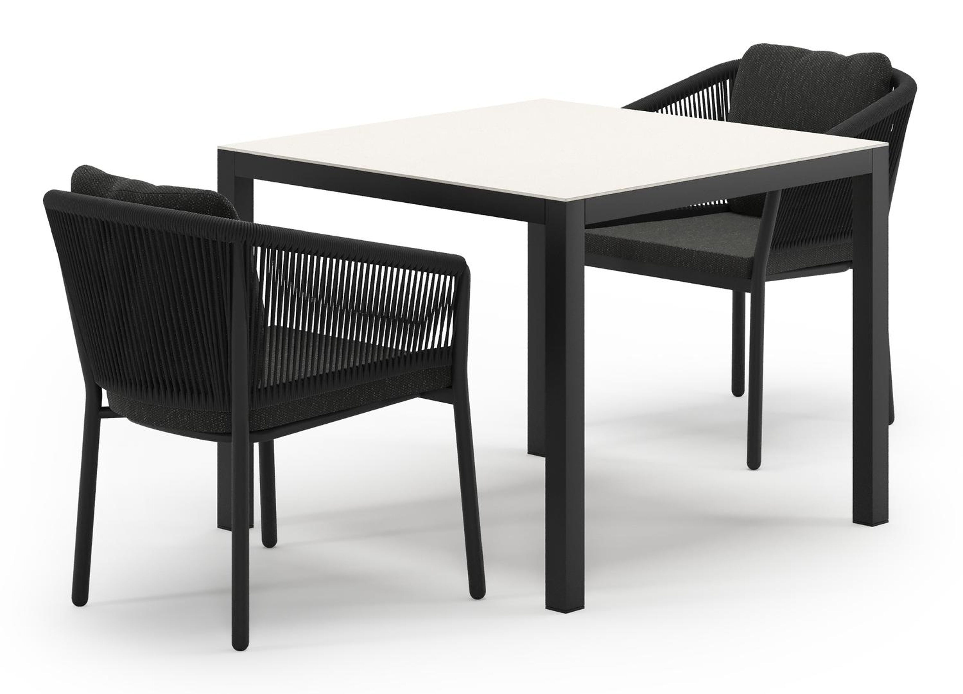 Feltro tuinset in zwart aluminium en crema minerale sintered stone met 2 Gerona tuinstoelen