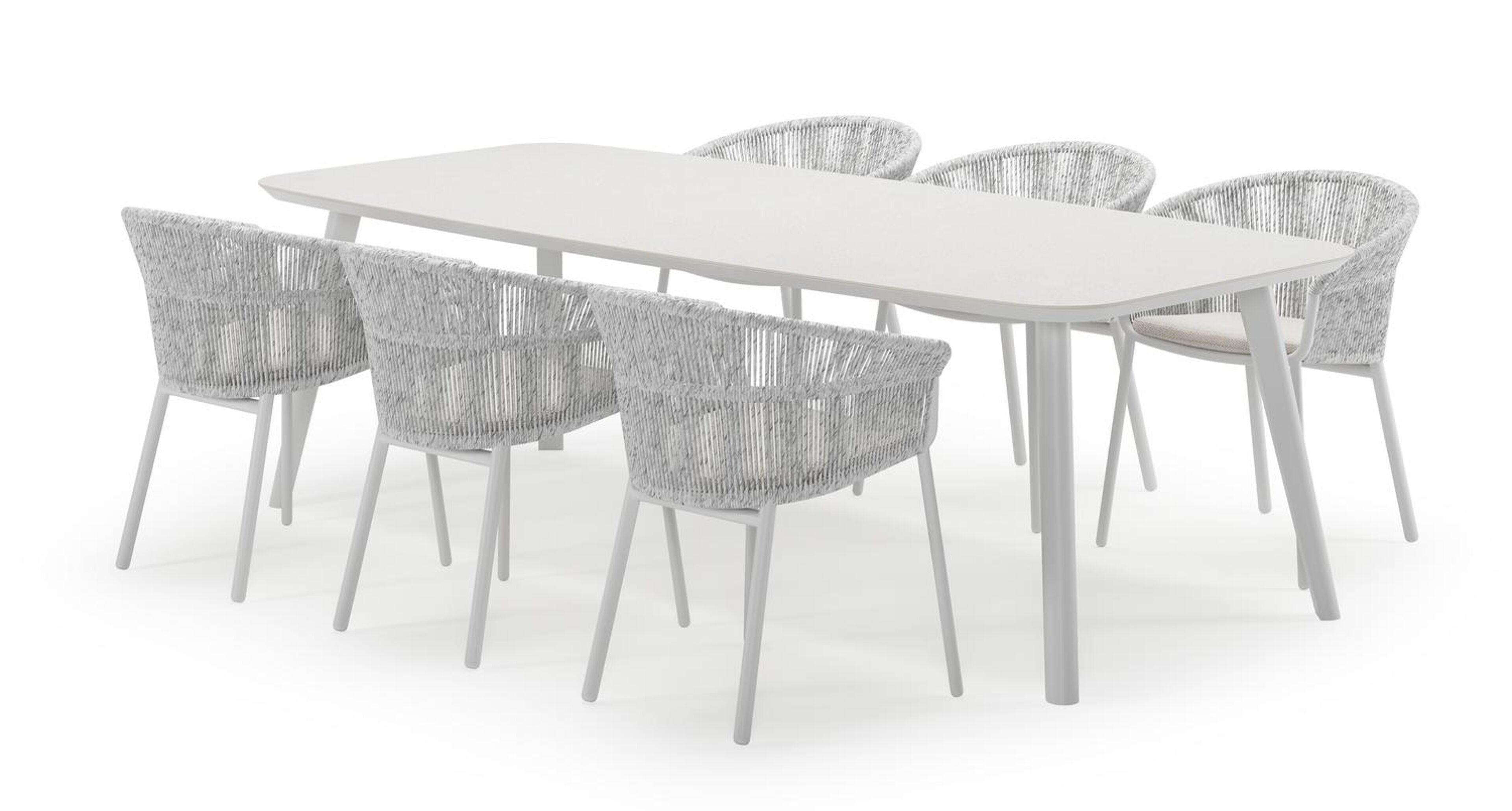 Mosa bootvormige tuinset in wit aluminium en sintered stone topo minerale met 6 Matera tuinstoelen