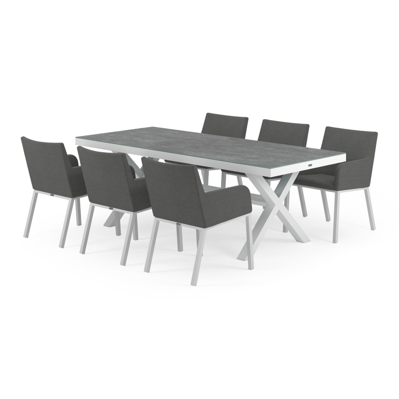 Reza tuinset in wit aluminium en grijs keramisch glas tafelblad met 6 Rivo tuinstoelen