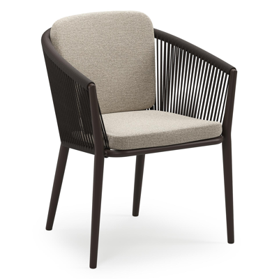 Chaise de jardin empilable Orso en aluminium brun foncé et corde ronde tissée verticalement brun foncé avec coussin en All Weather Cosytica Catania Greige