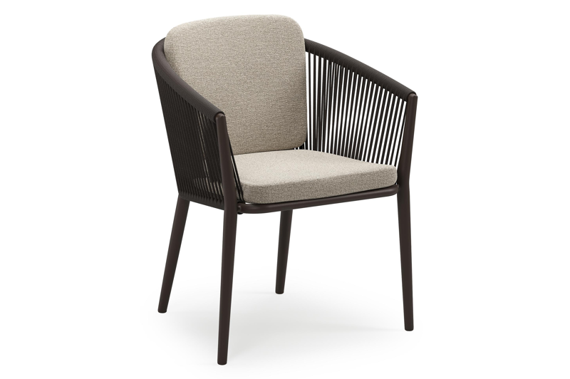 Chaise de jardin empilable Orso en aluminium brun foncé et corde ronde tissée verticalement brun foncé avec coussin en All Weather Cosytica Catania Greige