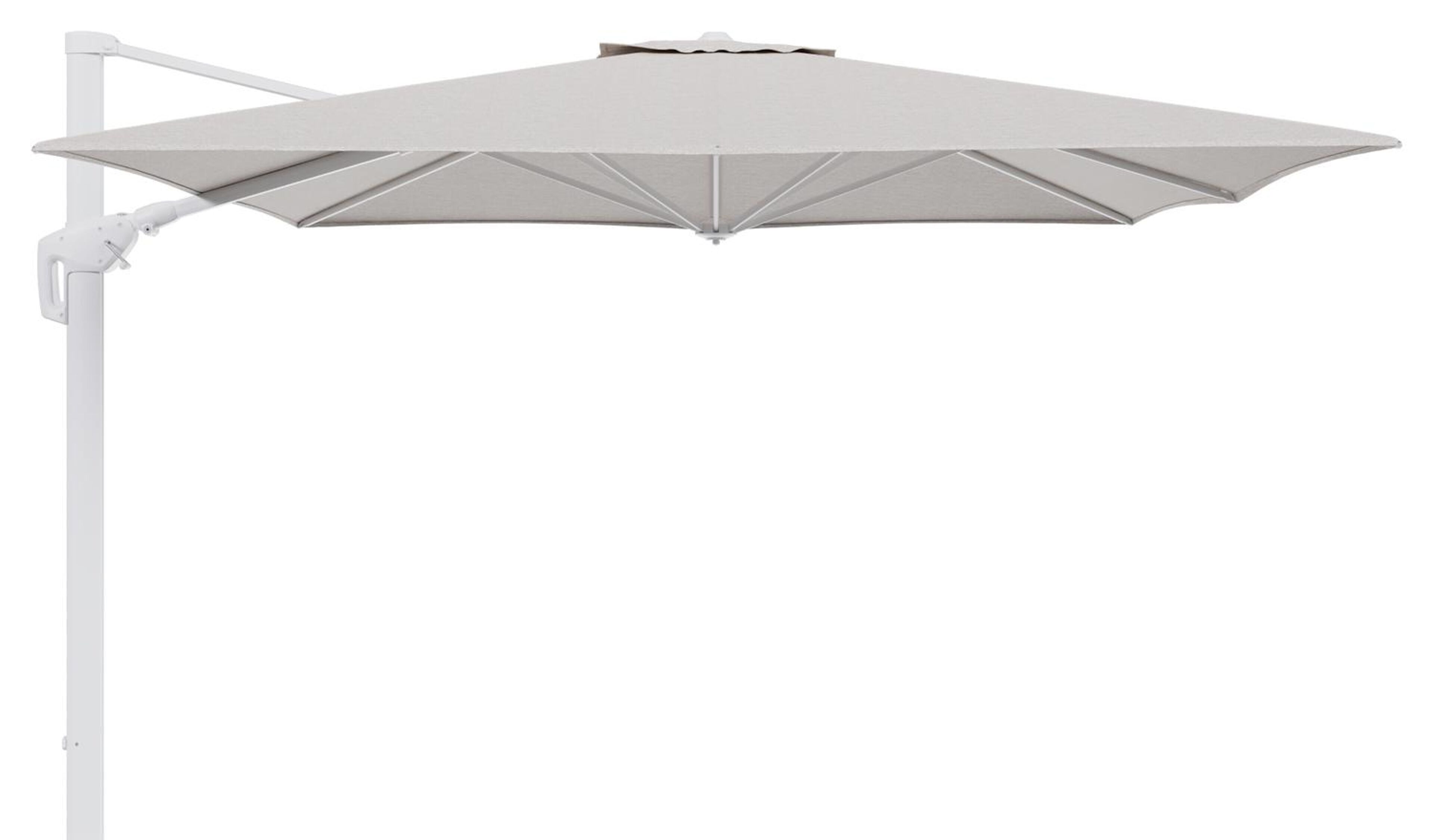 Minore zweefparasol tiltfunctie in wit aluminium en parasoldoek in All Weather Sunbrella® Luxe Tundra Sand  - L1 350 x L2: 350 cm (zonder voet)