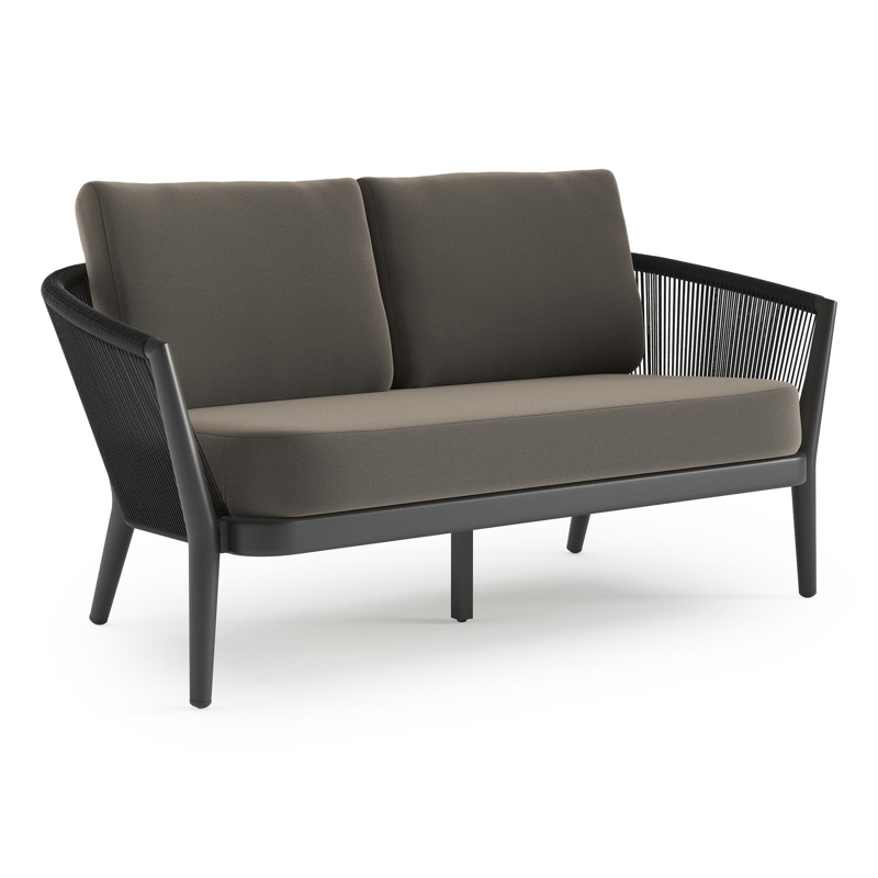 Orso loungebank in zwart aluminium en zwart verticaal geweven ronde rope met Natte Carbon Beige all weather sunbrella® luxe kussen
