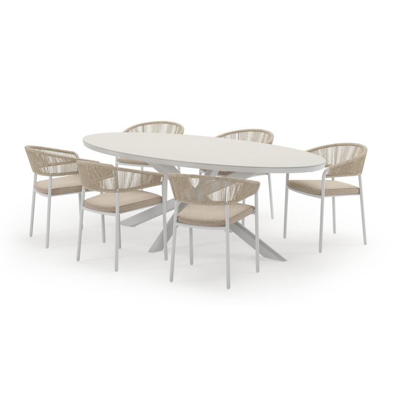 Pamplona ovale tuinset in wit aluminium en sintered stone crema minerale met 6 Zamora tuinstoelen