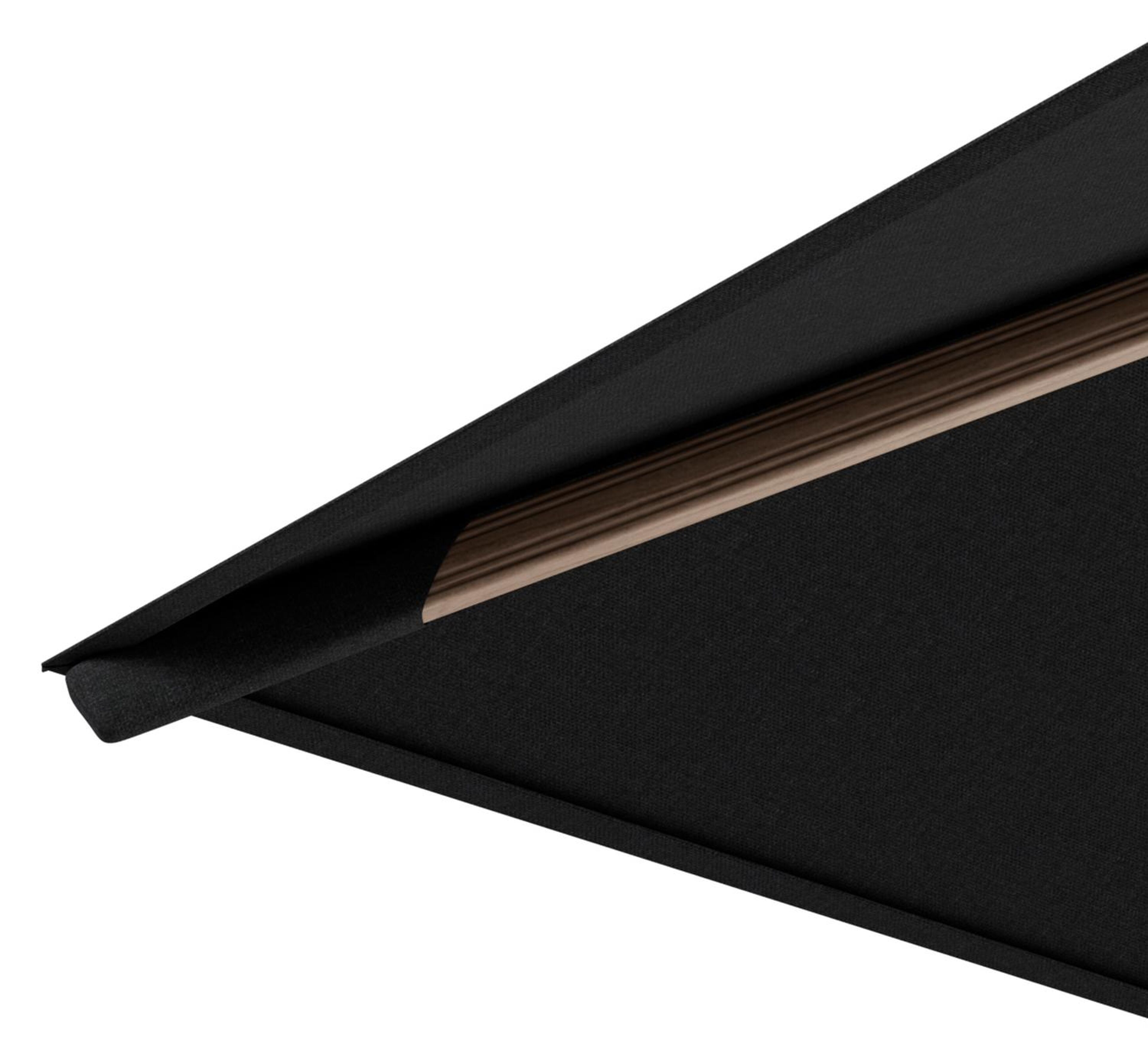 Rufina zweefparasol met tiltfunctie in houtlook aluminium en Natte Sooty All Weather Sunbrella® Luxe parasoldoek - L1 300 x L2 300 cm met parasolvoet Minore 150 kg met wielen