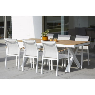 Bahia stapelbare tuinstoel in wit aluminium en grijs textilene en polywood armleuning