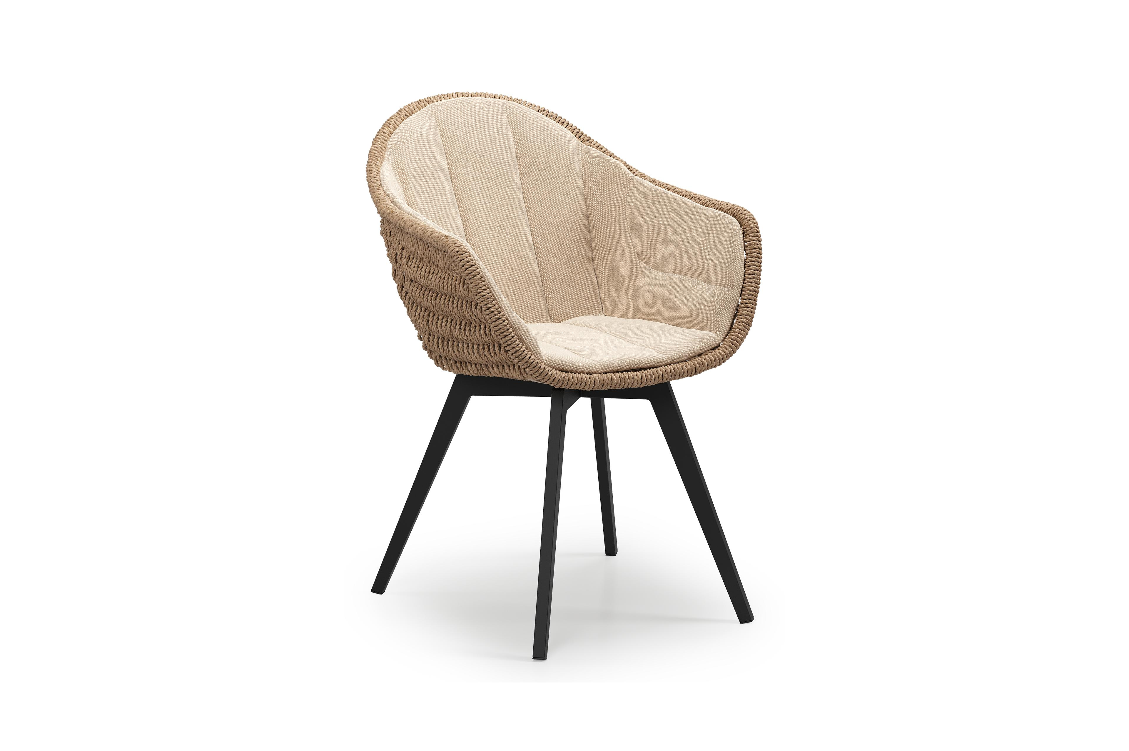 Pagino tuinstoel in zwart aluminium en zwart wicker met kussen in natte heather beige all weather sunbrella® luxe