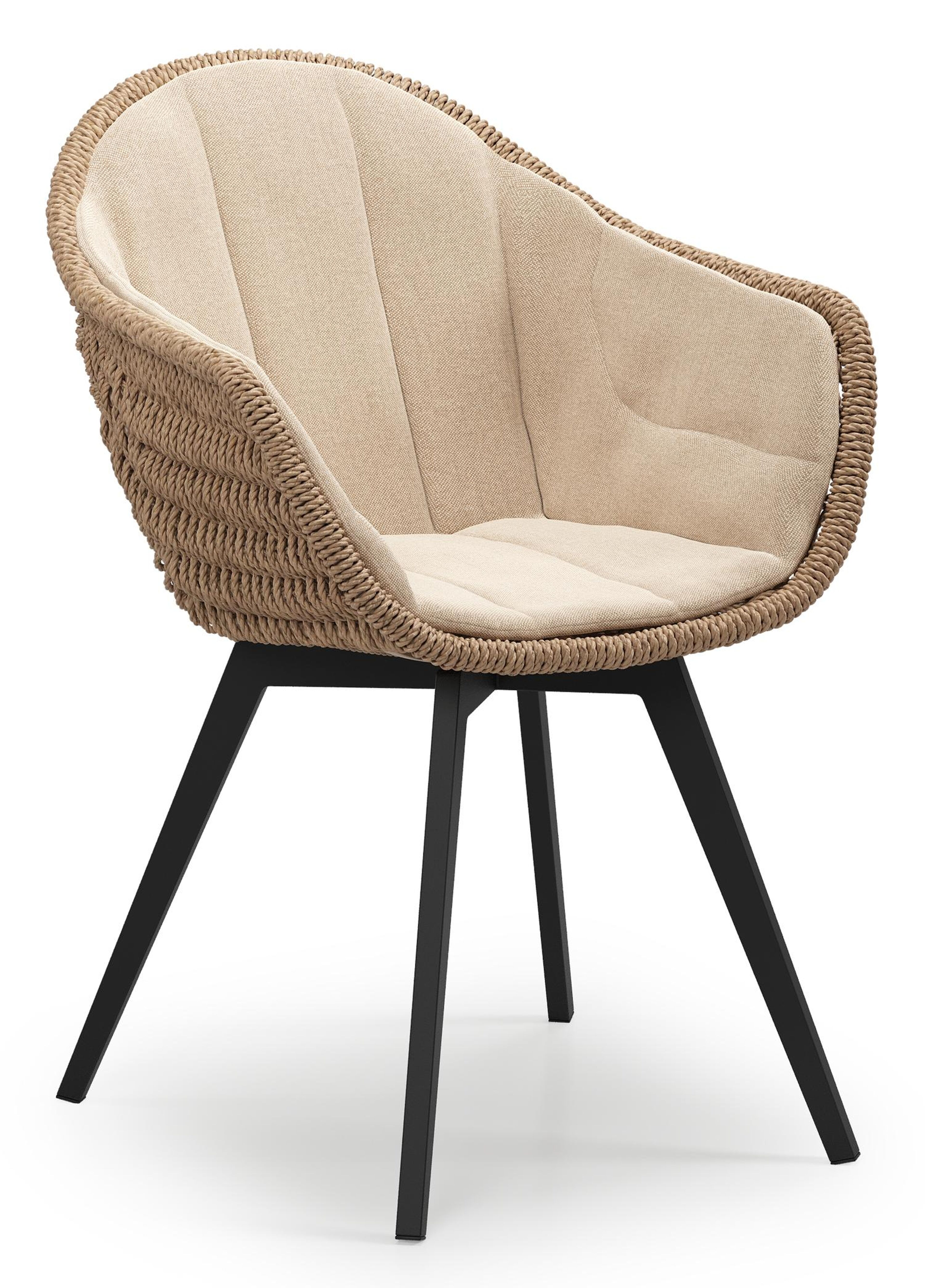 Pagino tuinstoel in zwart aluminium en zwart wicker met kussen in natte heather beige all weather sunbrella® luxe