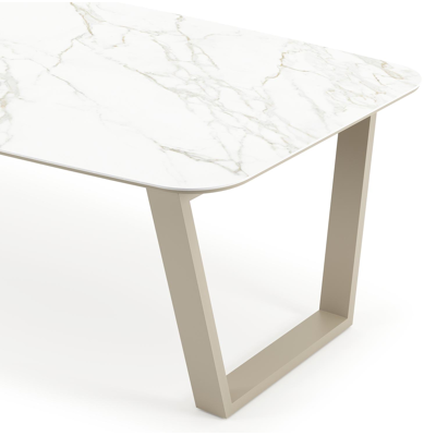 Pagino tuintafel bootvorm in beige aluminium en volkeramiek Calacatta - L 255 x B 115 x H 73 cm