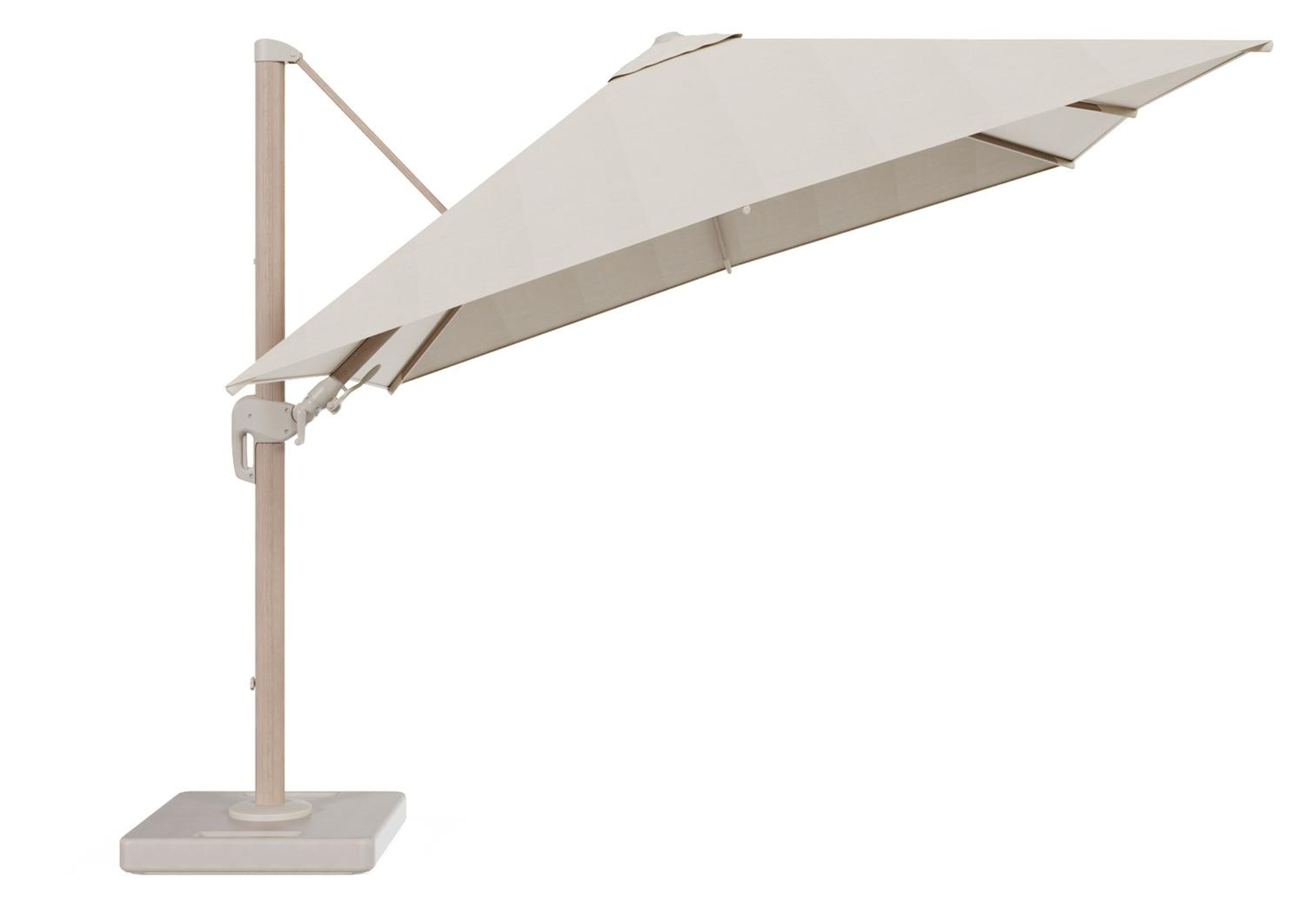 Rufina zweefparasol tiltfunctie in houtlook aluminium en parasoldoek in All Weather Sunbrella® Premium Beige - L1 300 x L2 300 cm met parasolvoet Lapido 160 kg