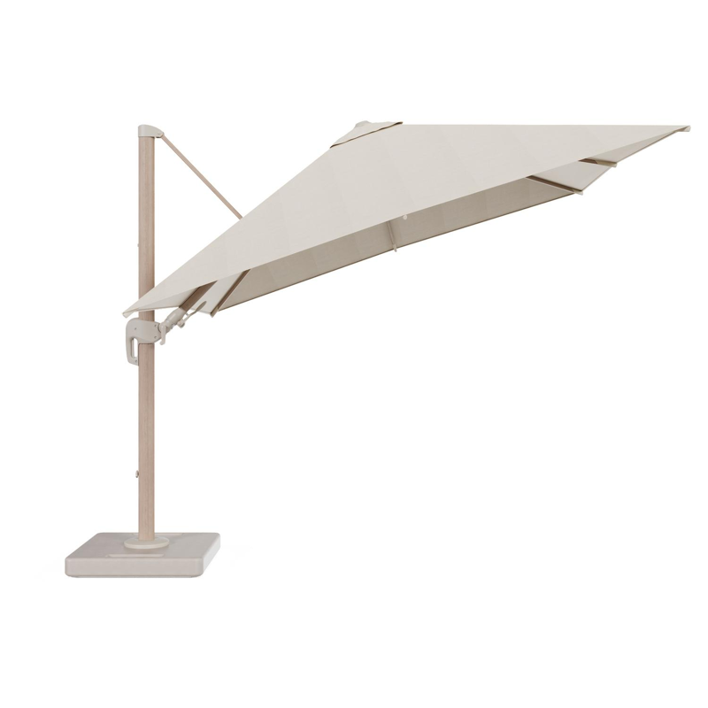 Rufina zweefparasol tiltfunctie in houtlook aluminium en parasoldoek in All Weather Sunbrella® Premium Beige - L1 300 x L2 300 cm met parasolvoet Lapido 160 kg