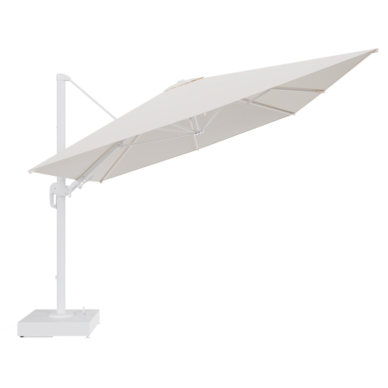 Rufina zweefparasol met tiltfunctie in wit aluminium en Natte Linen Chalk All Weather Sunbrella® Luxe parasoldoek - L1 400 x L2 300 cm met parasolvoet Minore 150 kg met wielen