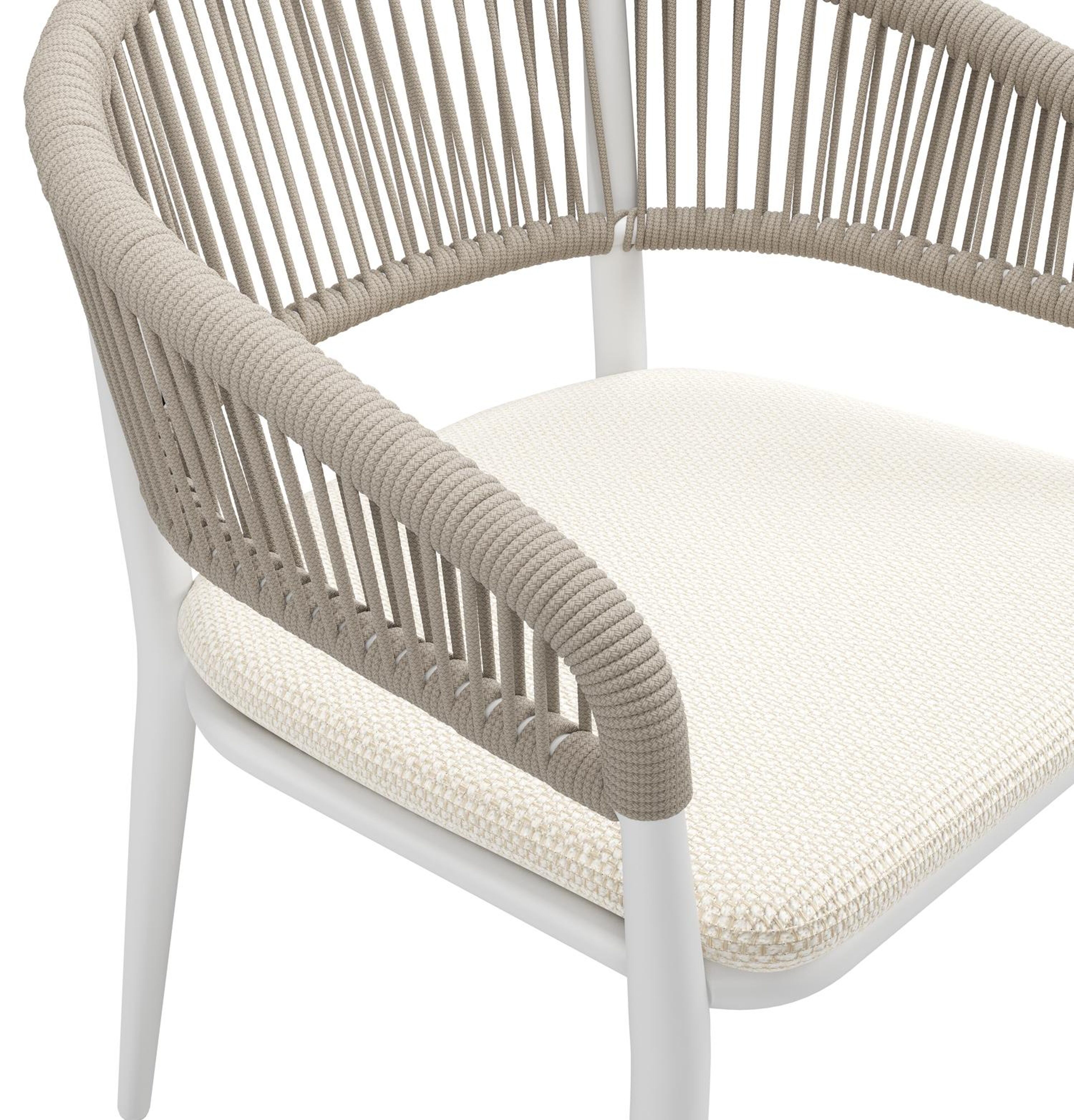 Tolfa stapelbare tuinstoel in wit aluminium en beige verticaal geweven ronde rope met stoelkussen in All Weather Cosytica Althea Off White