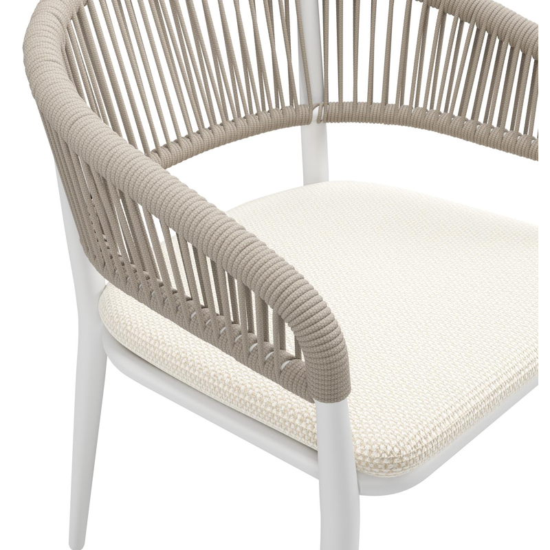 Tolfa stapelbare tuinstoel in wit aluminium en beige verticaal geweven ronde rope met stoelkussen in All Weather Cosytica Althea Off White