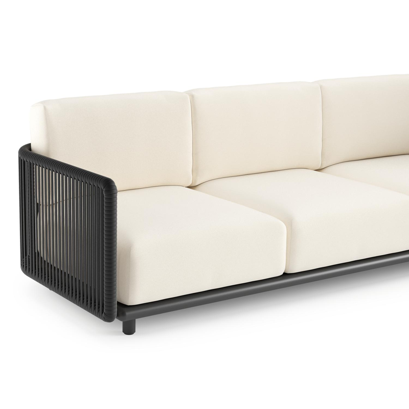 Organo loungehoek in zwart aluminium en zwart verticaal geweven luxe vlakke rope met natte white all weather Sunbrella® luxe kussen